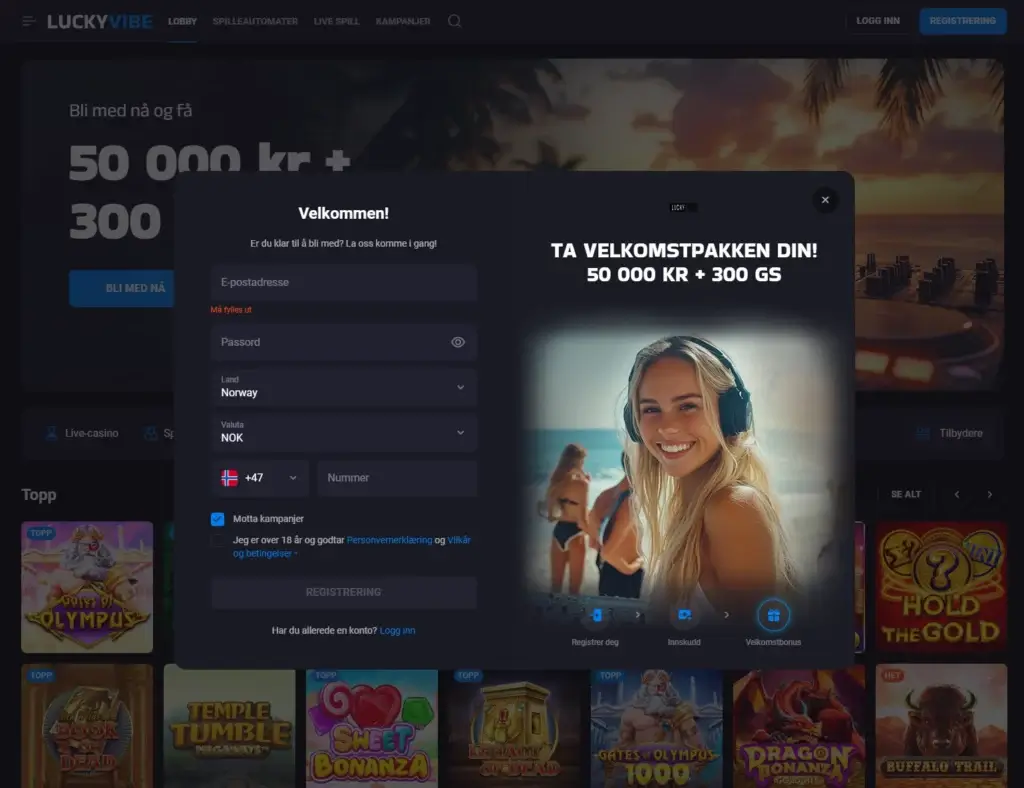 Registrer deg hos LuckyVibe casino. Nytt casino fra høsten 2024