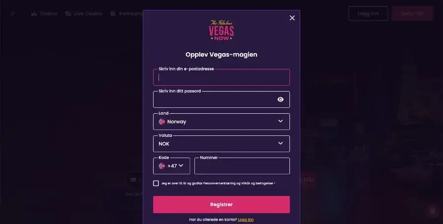 Registrering hos Vegas Now