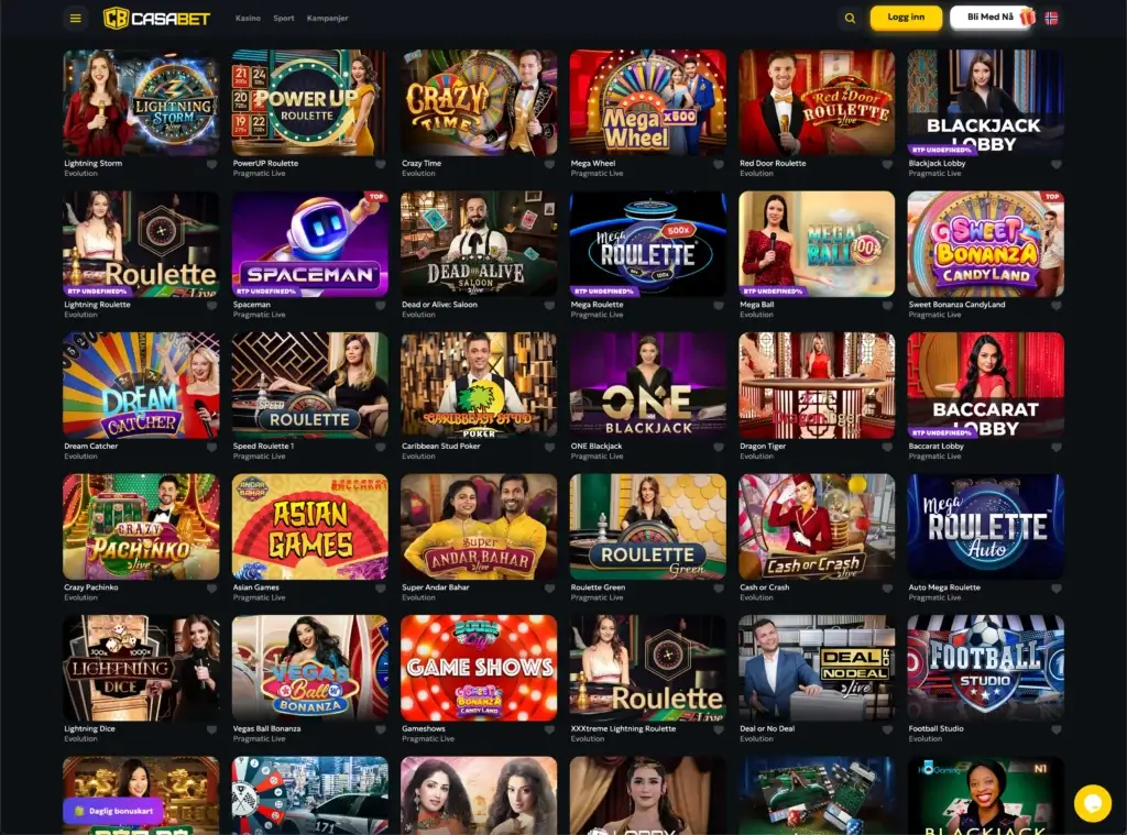 Mest populære live casino spillene hos Casabet Casino Norge