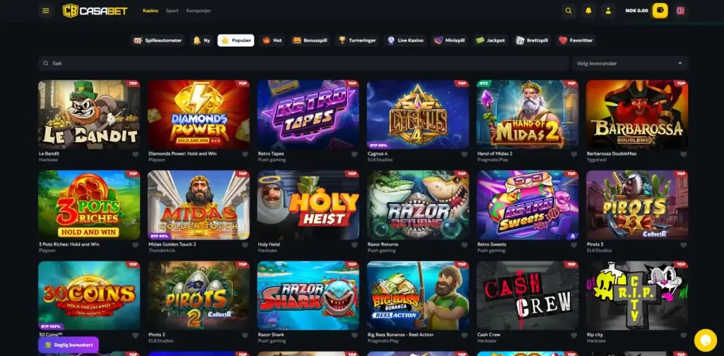 Oversikt over utvalgte casinospill i lobbyen til Casabet Casino