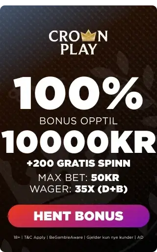 Crown Play Casino bonuspanel som viser velkomsttilbudet.