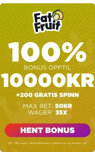 Fat Fruit Casino bonuspanel som viser velkomsttilbudet.