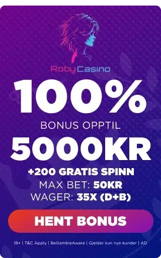 Roby Casino bonuspanel som viser velkomsttilbudet.