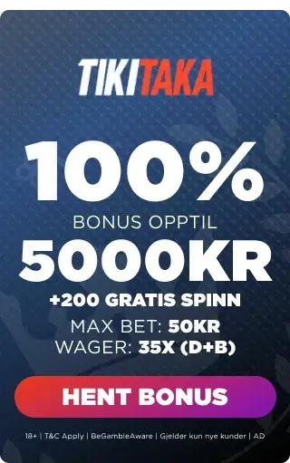 Tiki Taka Casino bonuspanel som viser velkomsttilbudet.