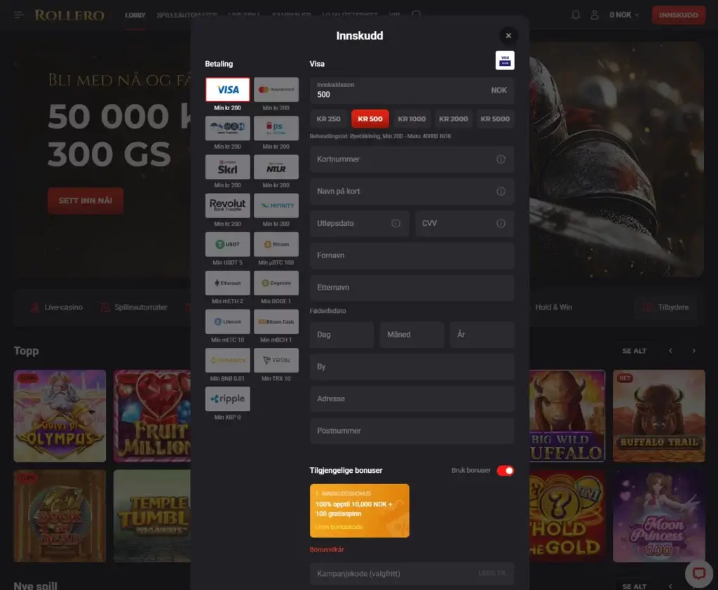 Foreta et ditt første innskudd hos Rollero casino