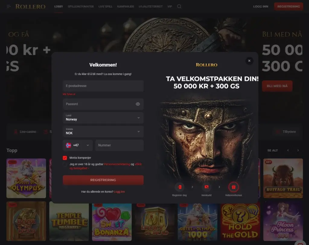 Registrer en spillekonto hos Rollero casino