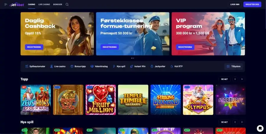 Jet4bet sin norske startside