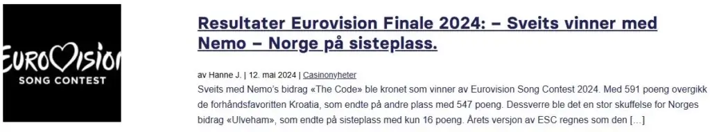Resultater Eurovision Finale 2024