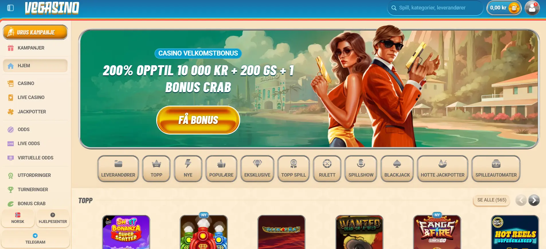 Vegasino sin norske startside som viser 200 prosent eksklusiv bonus