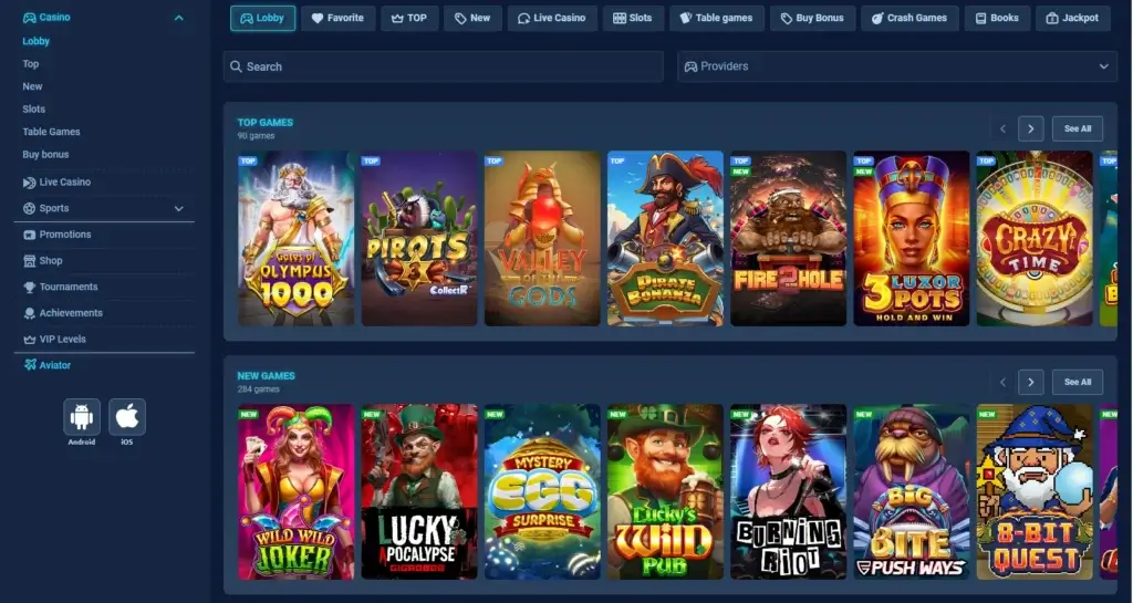 Wintopia Online Casino Spillutvalg