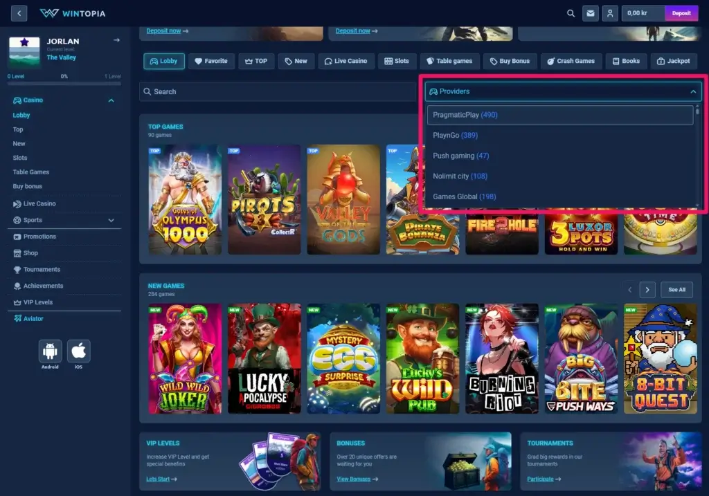 Wintopia Online Casino Spillutviklere