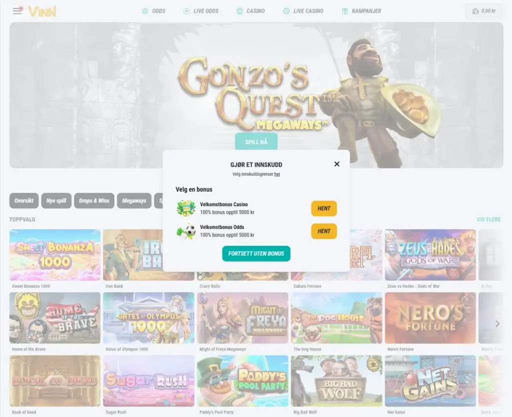Velg din velkomstbonus hos Vinn casino