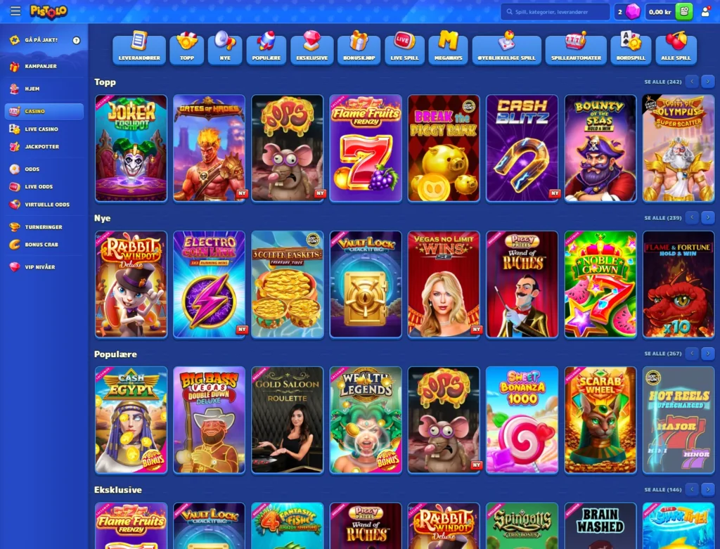 Spillutvalg i casinoet til Pistolo