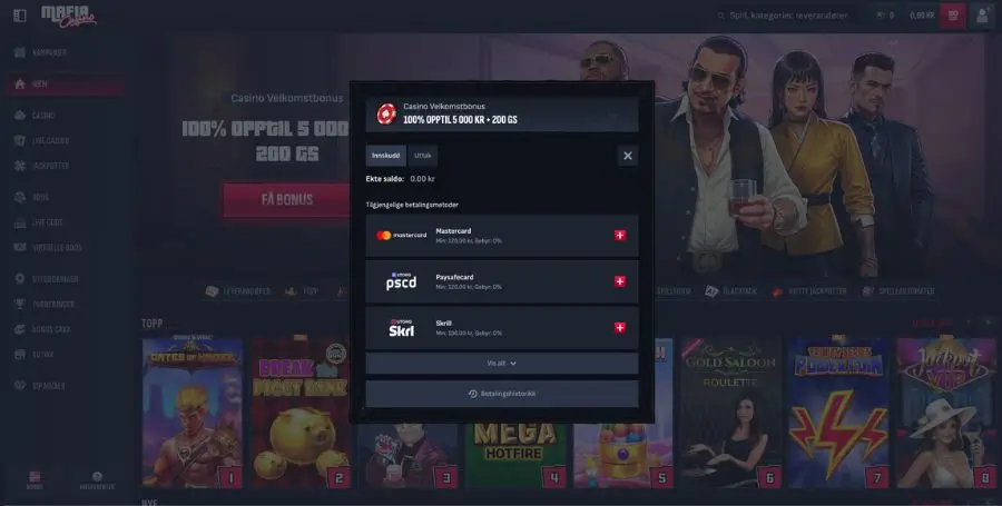 Innskudd hos MafiaCasino