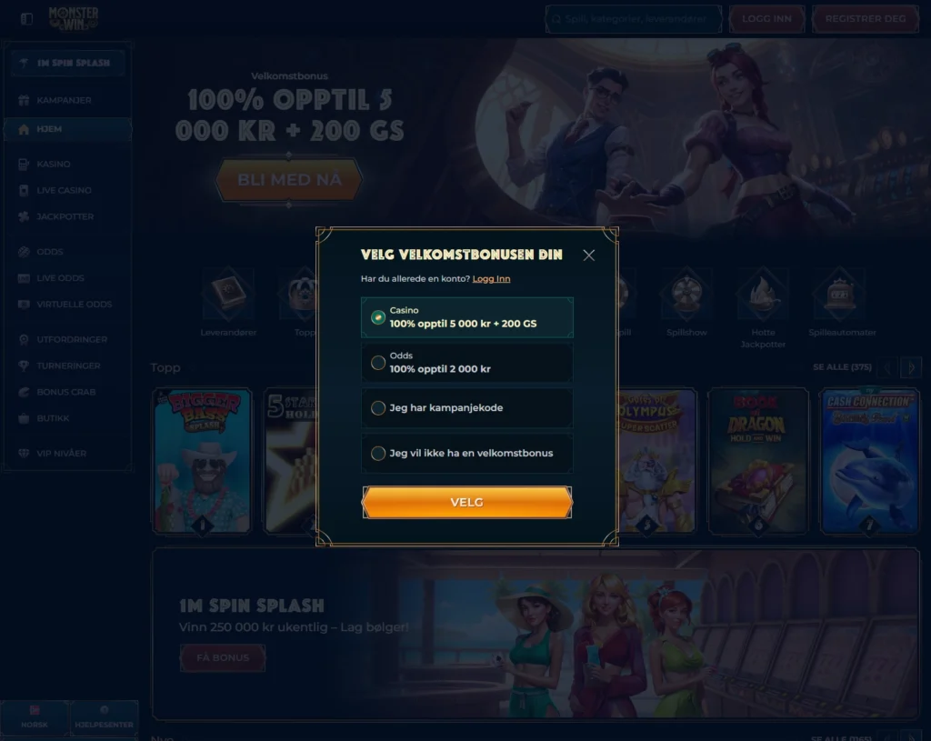 Opprett konto hos Monsterwin, velk bonus under registrering.