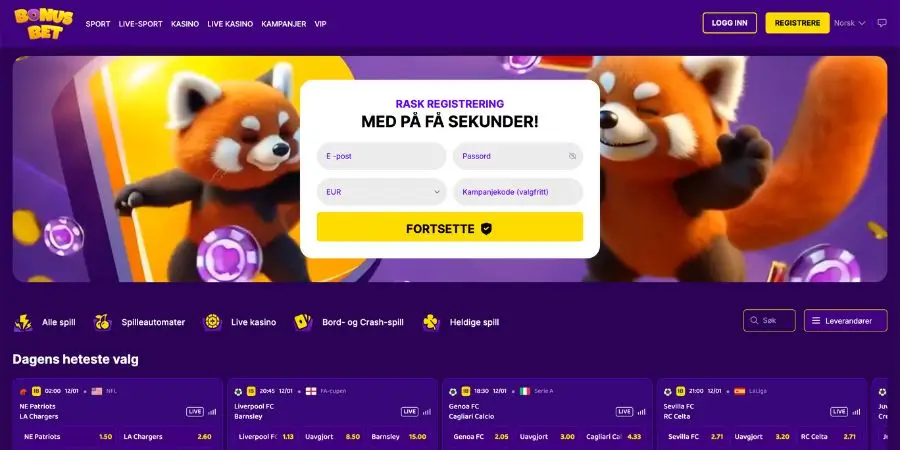 Norsk startside hos Bonusbet