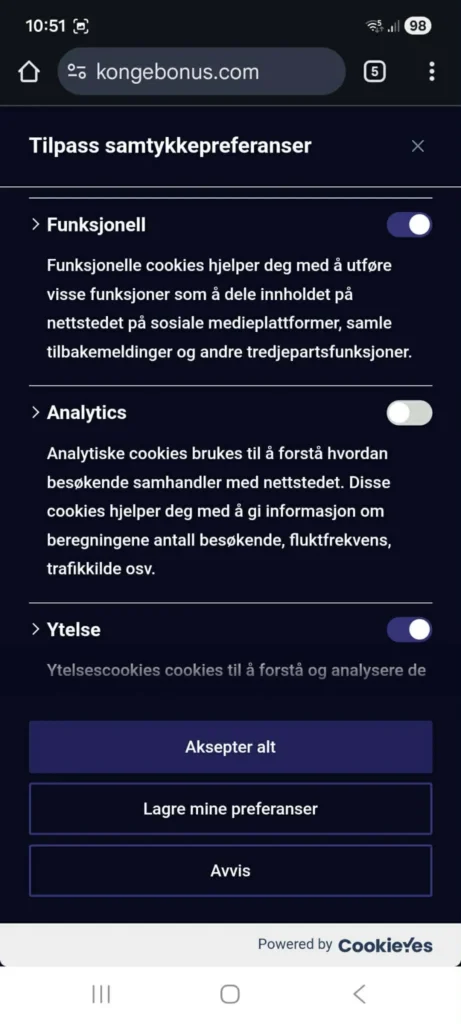 Detaljert oversikt over kategorier av informasjonskapsler i CookieYes samtykkeløsning på Kongebonus