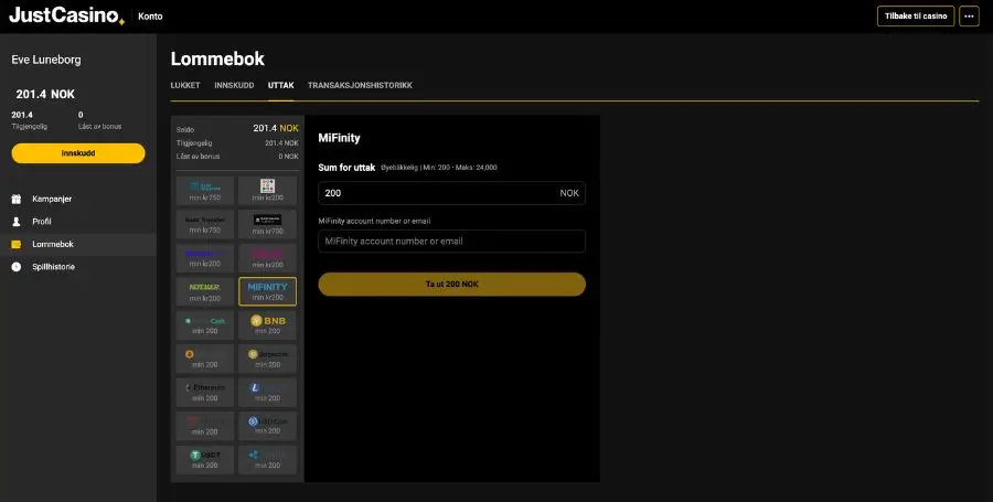 JustCasino – Uttak via MiFinity