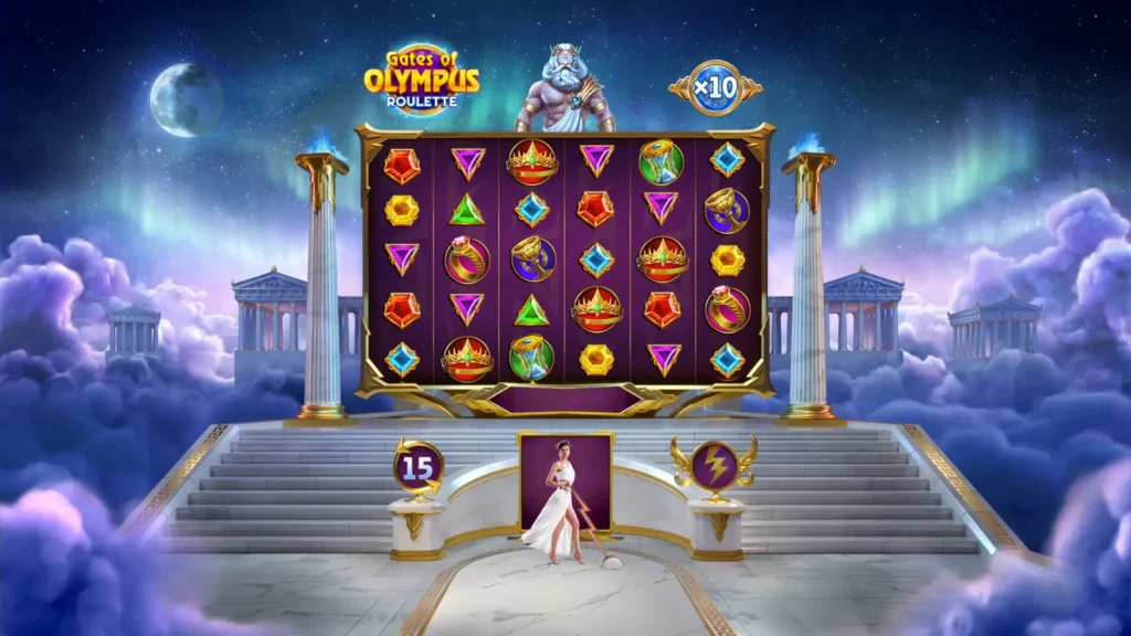 Bonusrunde i Gates of Olympus Roulette med Zeus, lyn og flytende multiplikatorer som ligner funksjonene fra Gates of Olympus-spilleautomaten.
