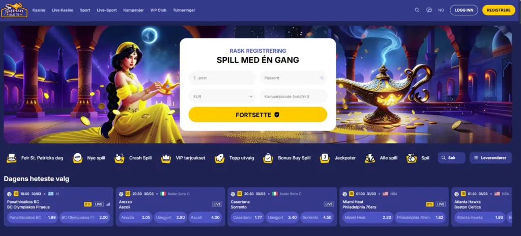 Jasminslots fremside som viser meny for registrering og hovedmenyer