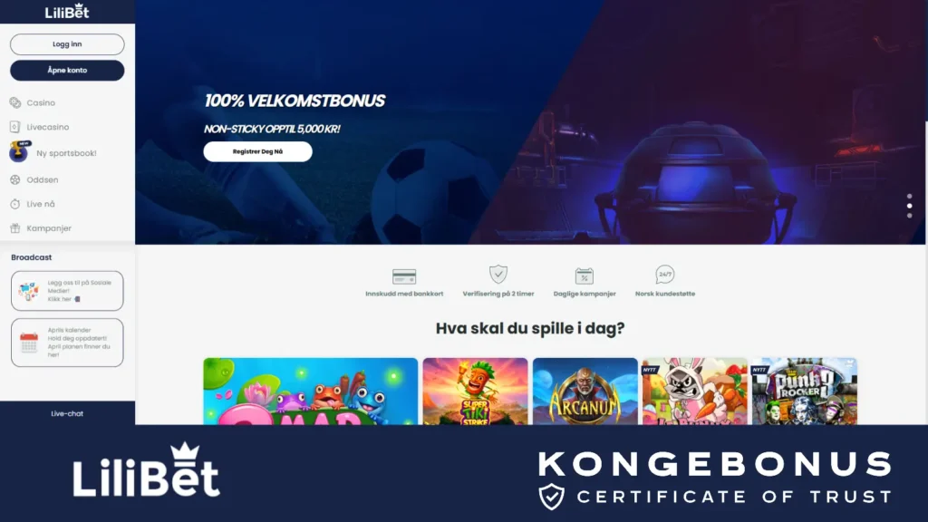 Lilibet Casino forside med Kongebonus Certificate of Trust synlig