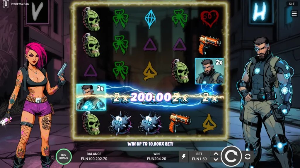 Vendetta Fury spilleautomat fra DEGEN med Vandal og Havoc wild-symboler, mørkt bytema og høyvolatil spillstruktur